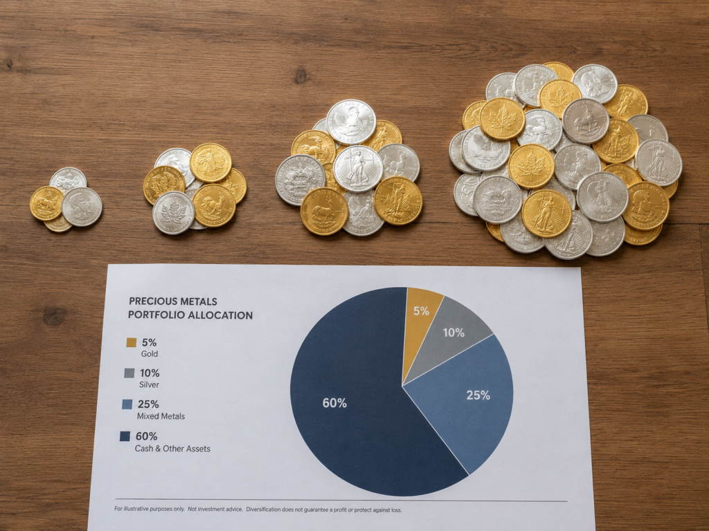 Three small piles of mixed gold and silver coins next to a larger pile, arranged to represent 5%, 10%, and 25% portfolio allocations, with a printed pie chart.