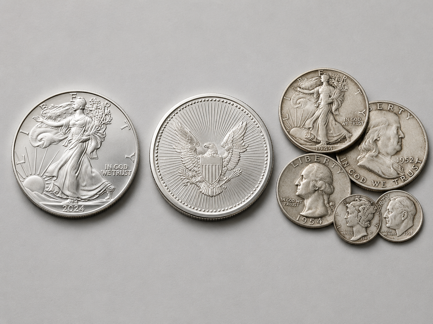 Three lanes of silver buying side by side: an American Silver Eagle, a generic silver round, and pre-1965 US 90% silver coinage.
