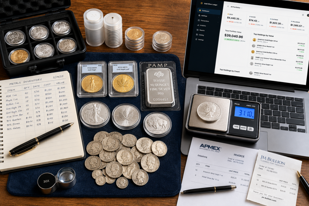Overhead view of a coin and bullion inventory in progress — mixed coins, a scale, dealer receipts, and a laptop on a tabletop.