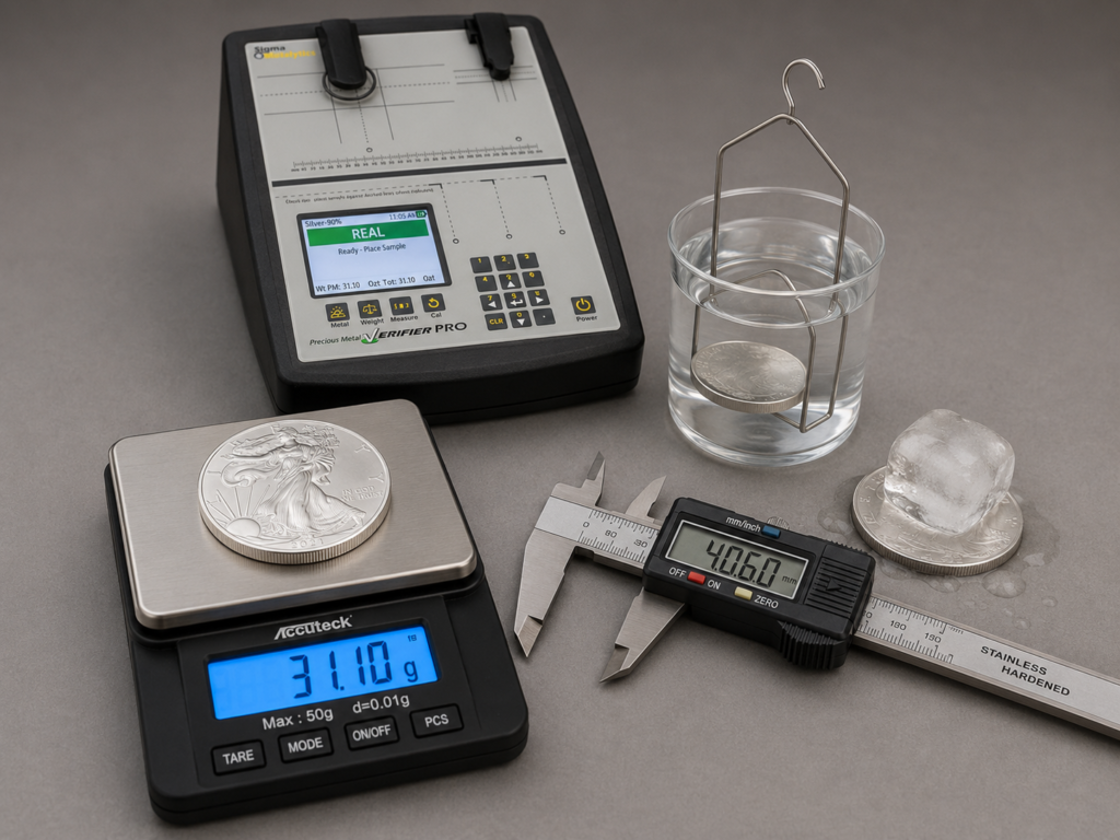 A bench-top counterfeit-detection setup with a 1 oz Silver Eagle on a 0.01 g scale, calipers, a specific-gravity water rig, an ice cube melting on a second silver coin, and a Sigma Metalytics Verifier alongside.