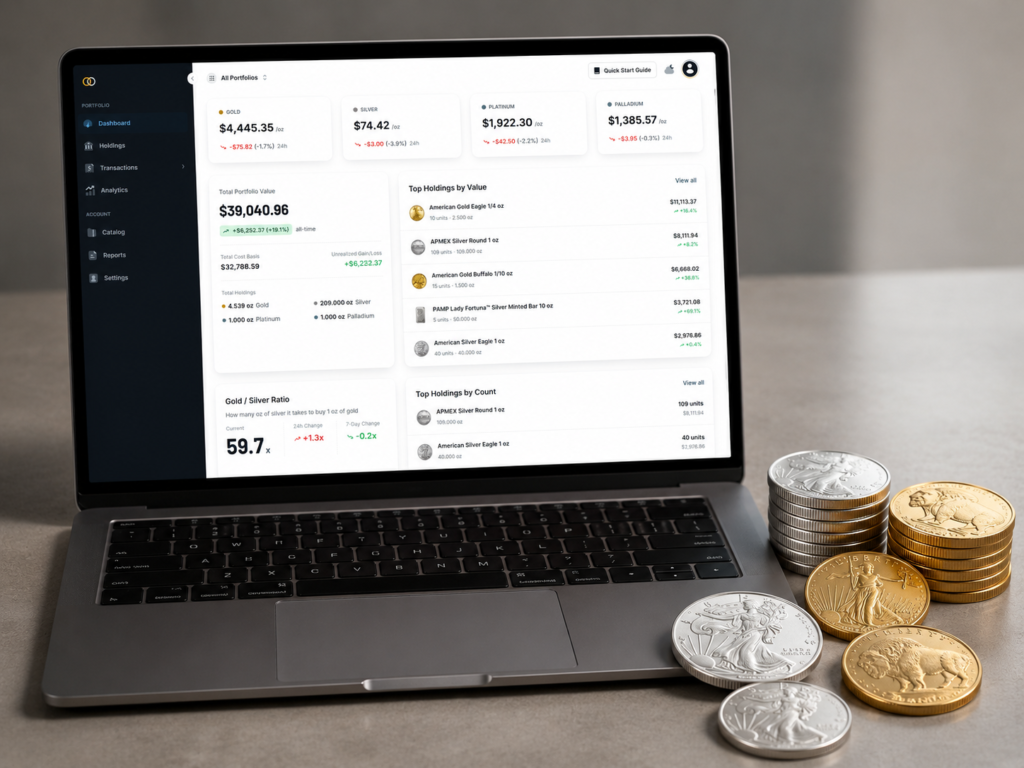 tack of mixed gold and silver coins beside a laptop showing the Gold Silver Ledger portfolio dashboard.