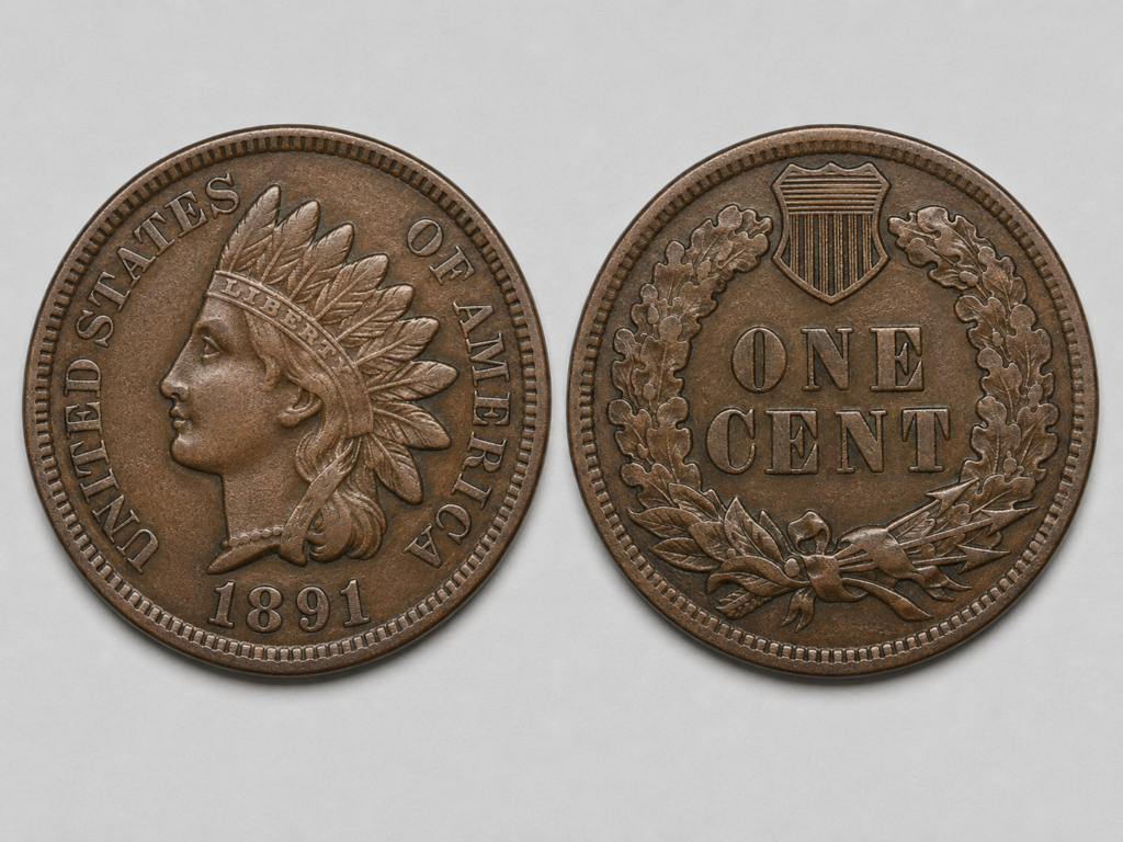 Indian Head cent obverse and reverse showing Liberty in feathered headdress, the date, and the oak wreath with shield reverse design.