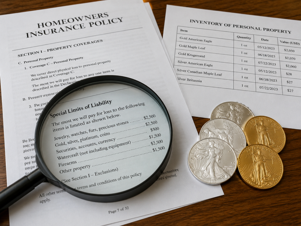 Magnifying glass over the Special Limits of Liability section of a homeowners policy, beside a small stack of gold and silver coins and an inventory printout.