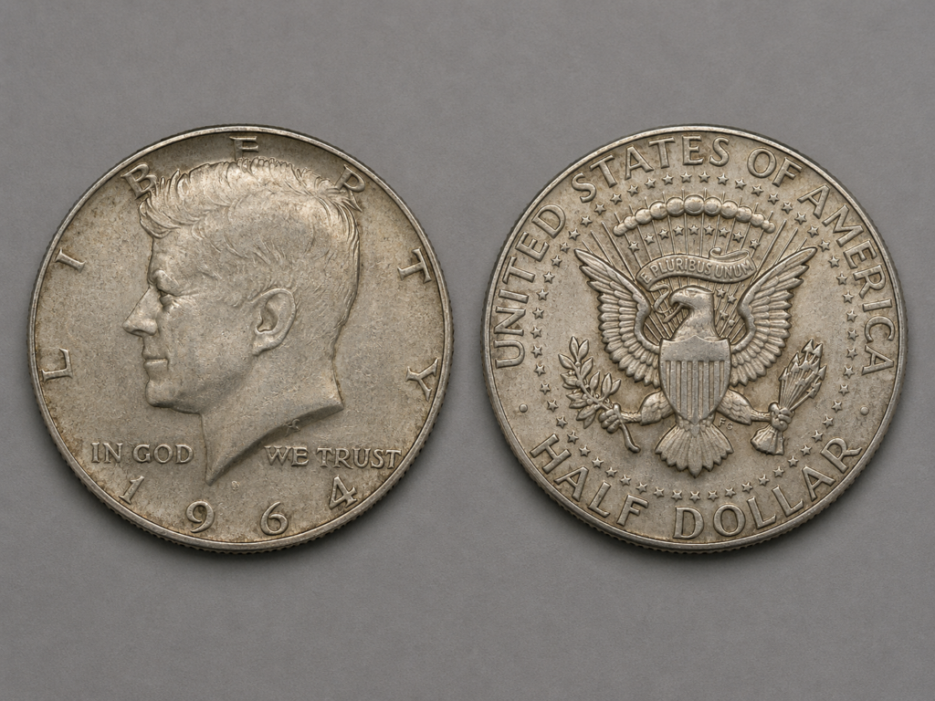 Kennedy half dollar obverse and reverse showing John F. Kennedy profile and heraldic eagle.
