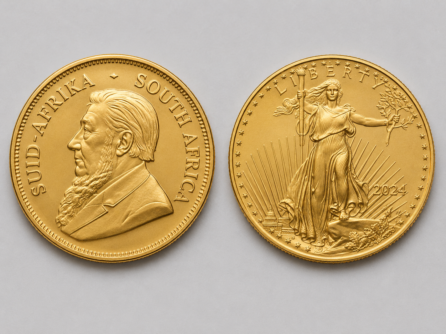 South African Krugerrand and American Gold Eagle bullion coins side by side, obverses showing Paul Kruger and Liberty walking with torch and olive branch.