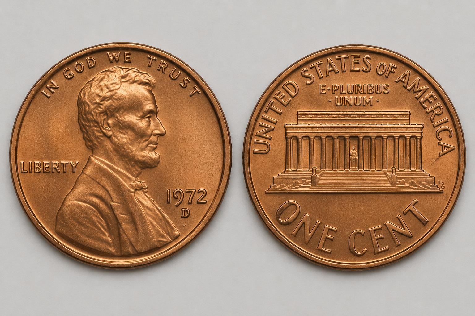 Lincoln Memorial cent obverse and reverse showing the Lincoln portrait and the Lincoln Memorial reverse design with the seated Lincoln figure visible between the columns.