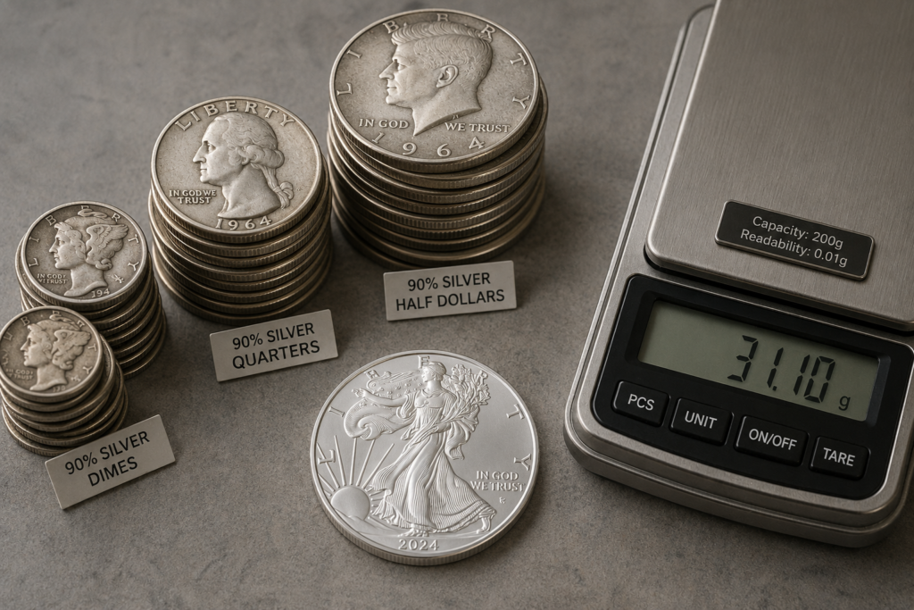 Stack of pre-1965 US silver coins next to a jeweler's scale illustrating melt value calculation.