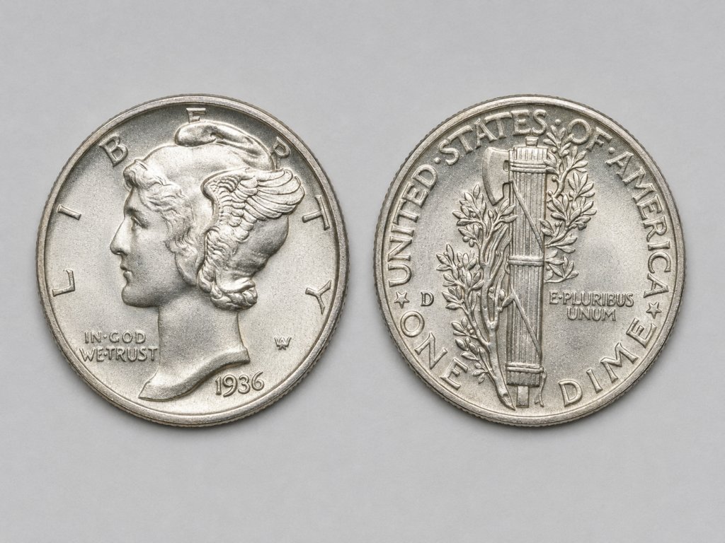 Mercury dime obverse and reverse showing Liberty in winged Phrygian cap and the fasces-and-olive-branch reverse design.