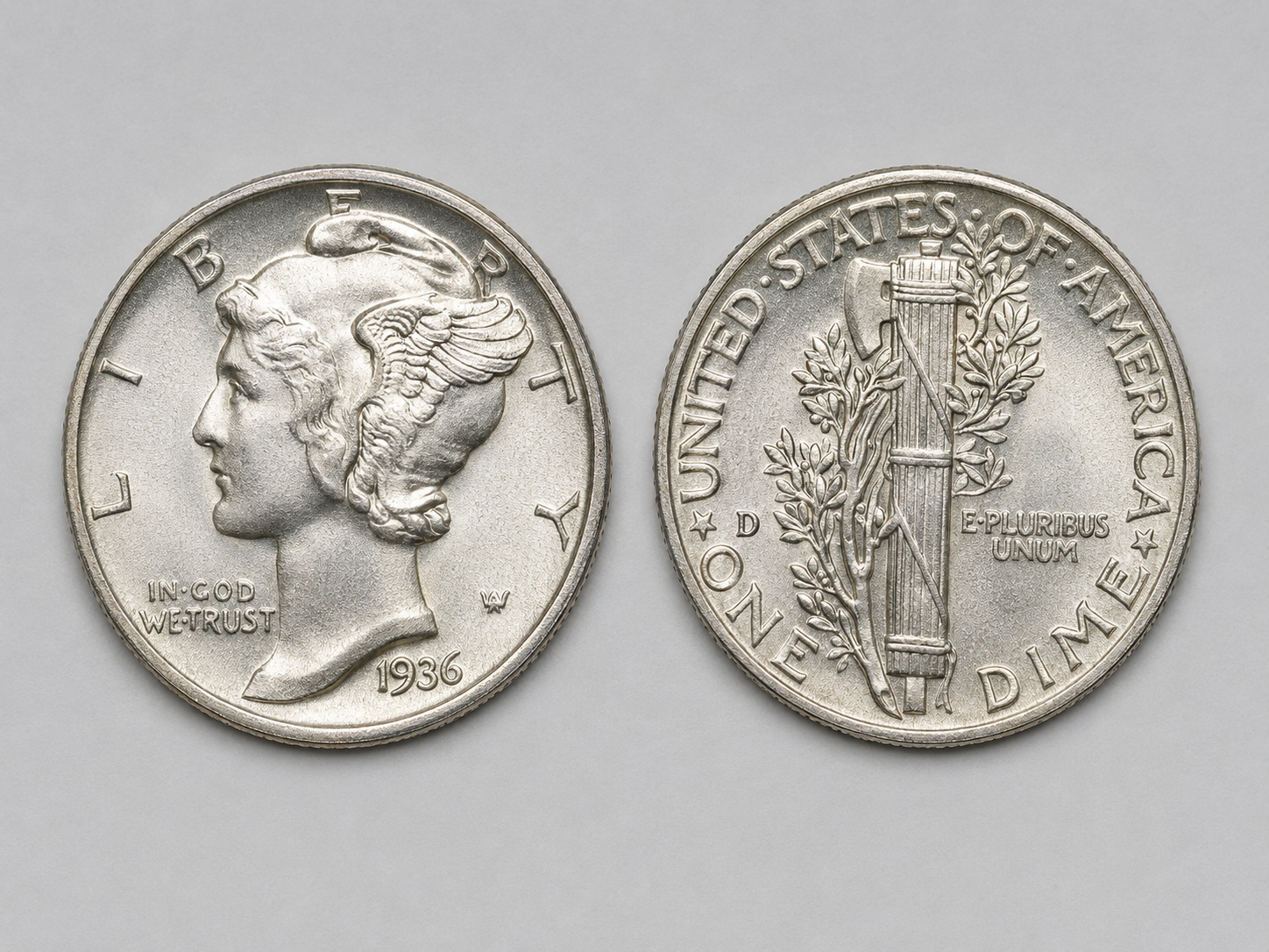 Mercury dime obverse and reverse showing Liberty in winged Phrygian cap and the fasces-and-olive-branch reverse design.
