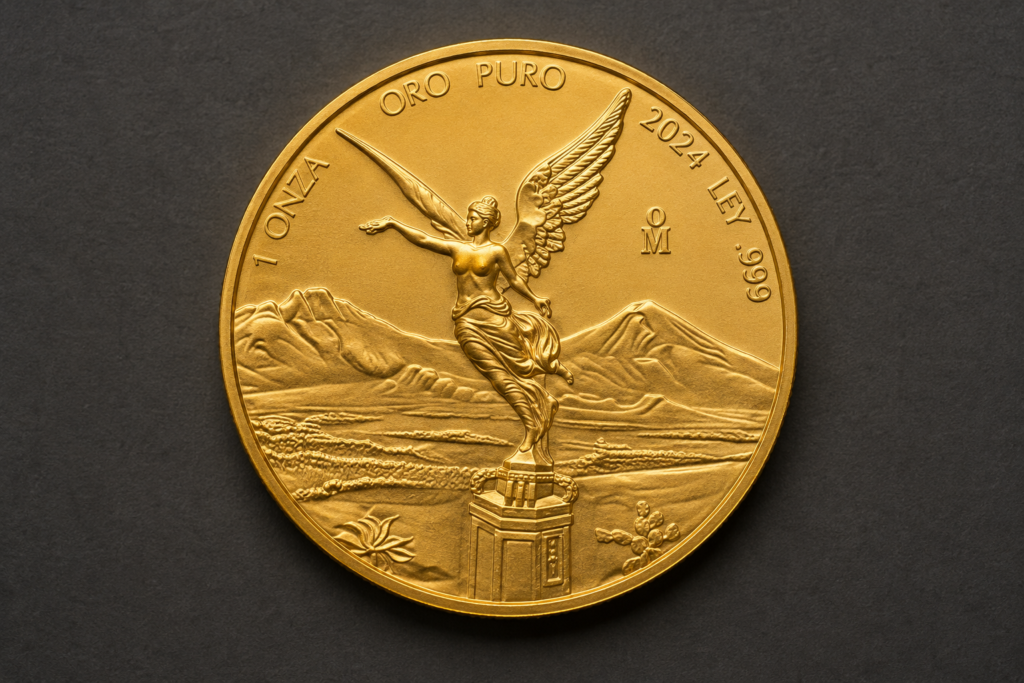 1 troy oz Mexican Gold Libertad bullion coin, reverse showing the Winged Victory statue with Popocatépetl and Iztaccíhuatl.