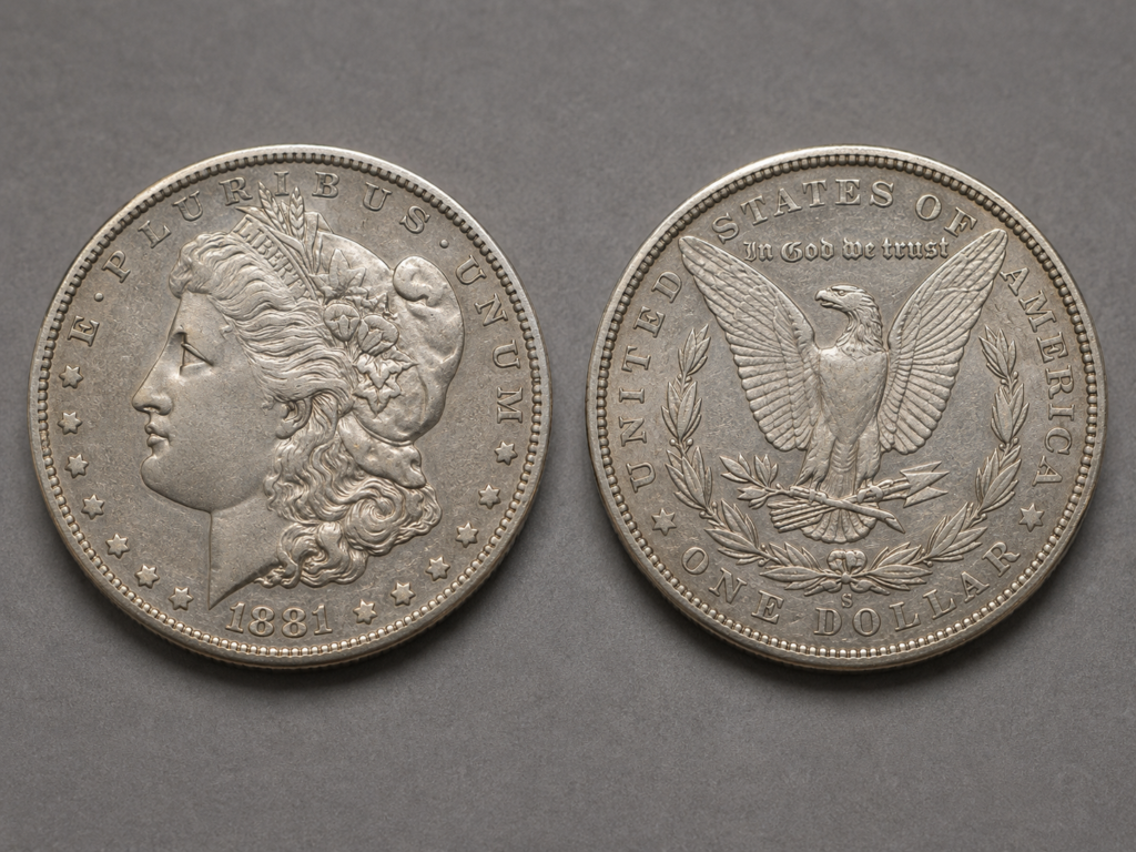1881-S Morgan silver dollar obverse and reverse showing Liberty portrait and heraldic eagle with mintmark below.