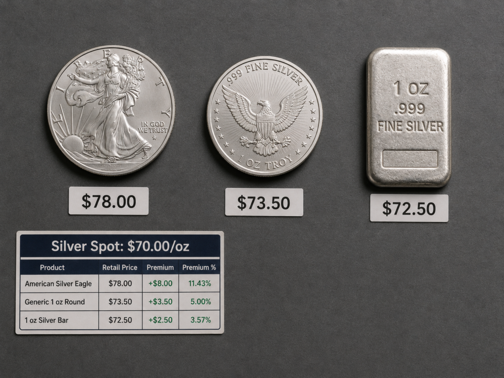 Three 1 oz silver products side by side — an American Silver Eagle, a generic 1 oz silver round, and a 1 oz silver bar — with price tags showing the premium spread between them.