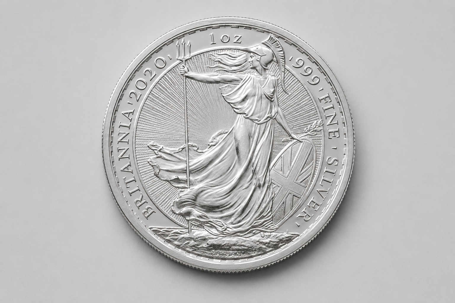 1 troy ounce Silver Britannia bullion coin, reverse showing the standing Britannia design.