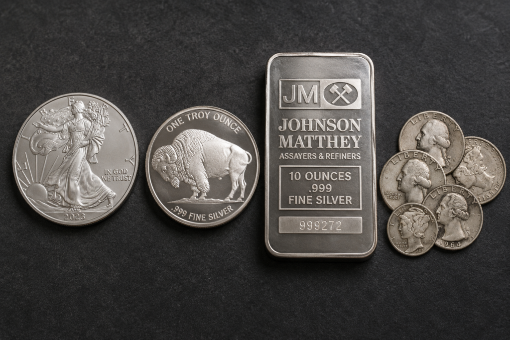 1 oz American Silver Eagle, generic silver round, 10 oz silver bar, and pre-1965 90% silver U.S. coins on a neutral surface.