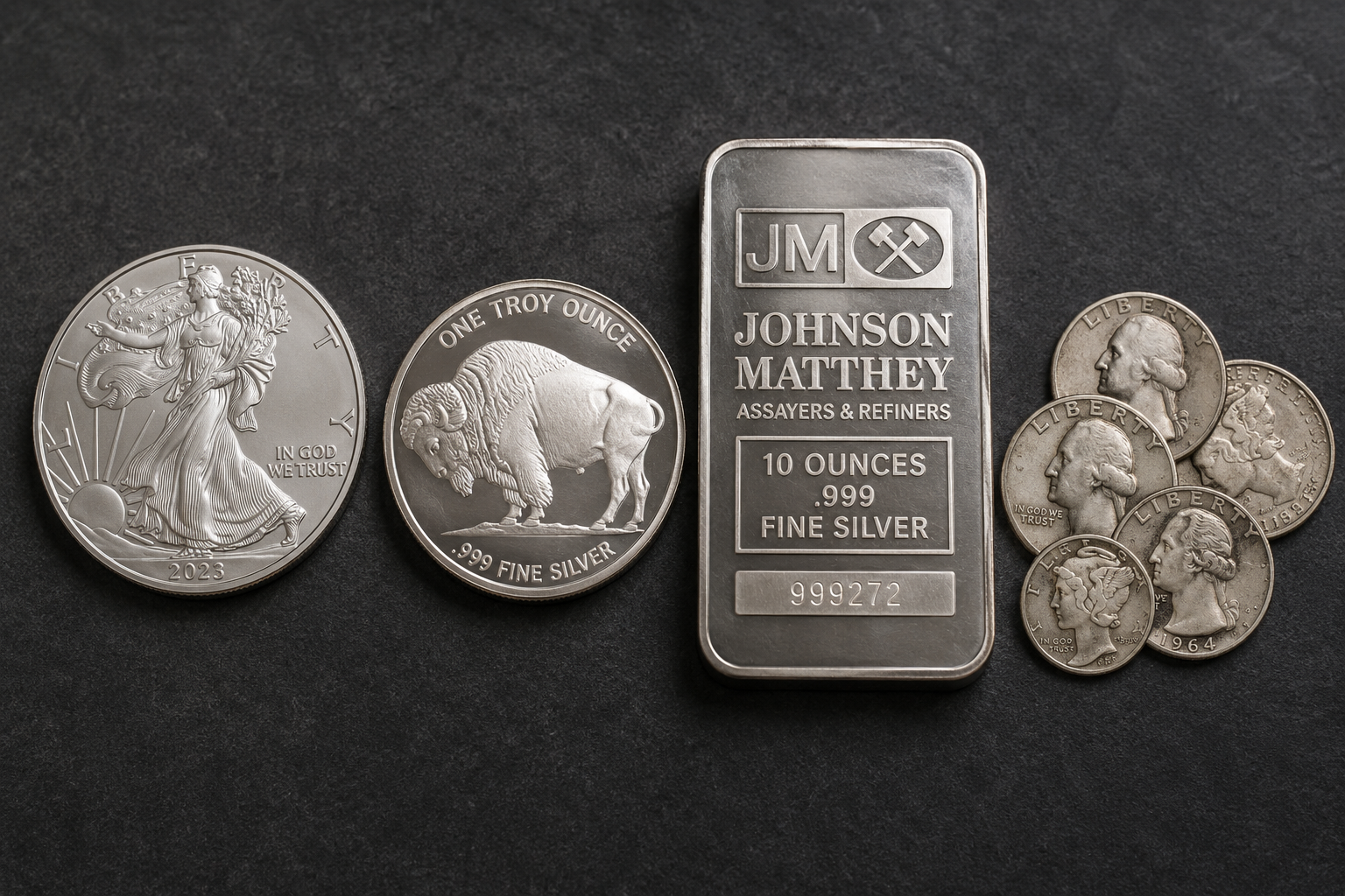 1 oz American Silver Eagle, generic silver round, 10 oz silver bar, and pre-1965 90% silver U.S. coins on a neutral surface.