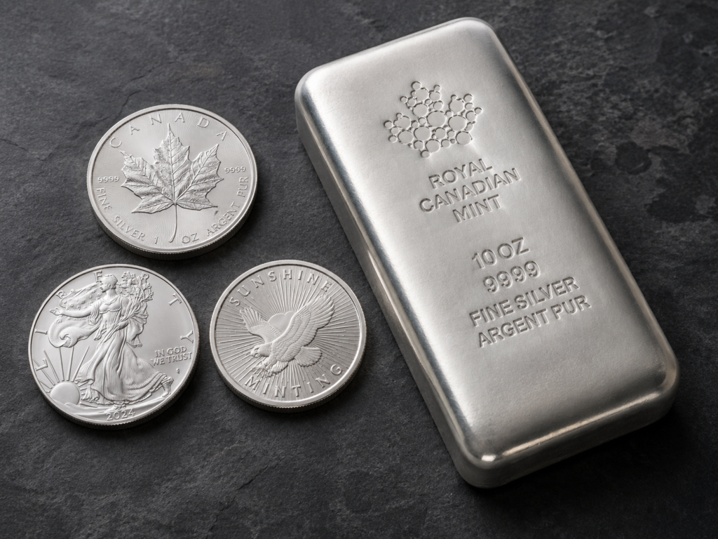A 1 oz American Silver Eagle and a 1 oz Canadian Silver Maple Leaf beside a 10 oz silver bar and a generic 1 oz round.