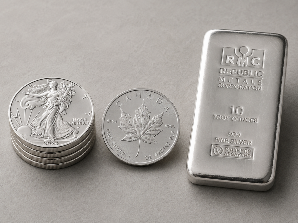 American Silver Eagle, Canadian Silver Maple Leaf, and a 10 oz silver bar — three of the most common IRA-eligible silver bullion products — on a neutral surface.