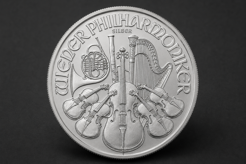 1 troy ounce silver Vienna Philharmonic bullion coin, reverse showing the orchestra-instruments design.