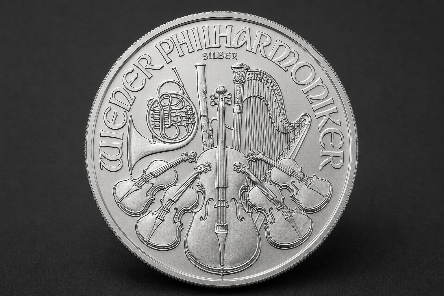 1 troy ounce silver Vienna Philharmonic bullion coin, reverse showing the orchestra-instruments design.