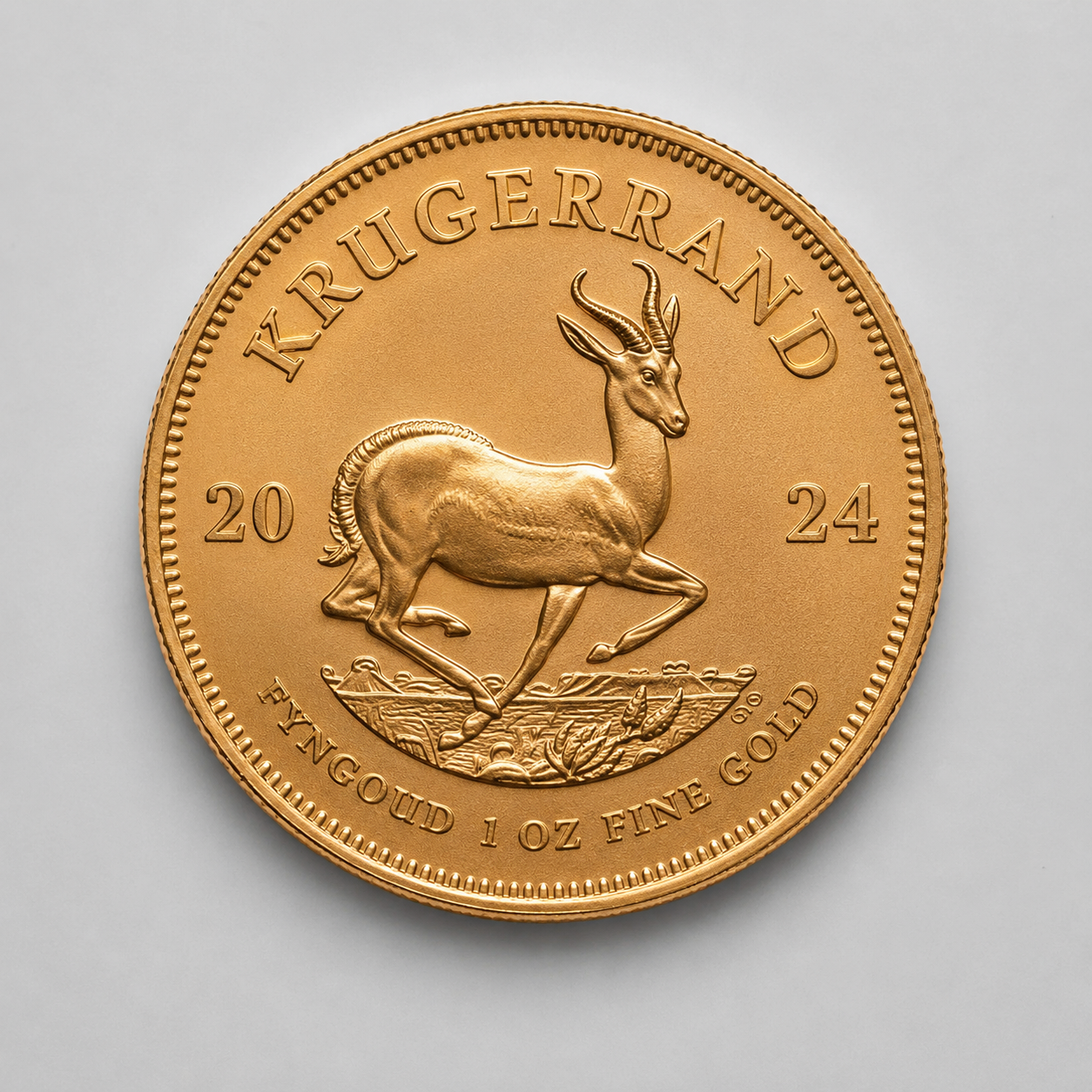 1 troy ounce South African Krugerrand bullion coin, reverse showing the springbok antelope.