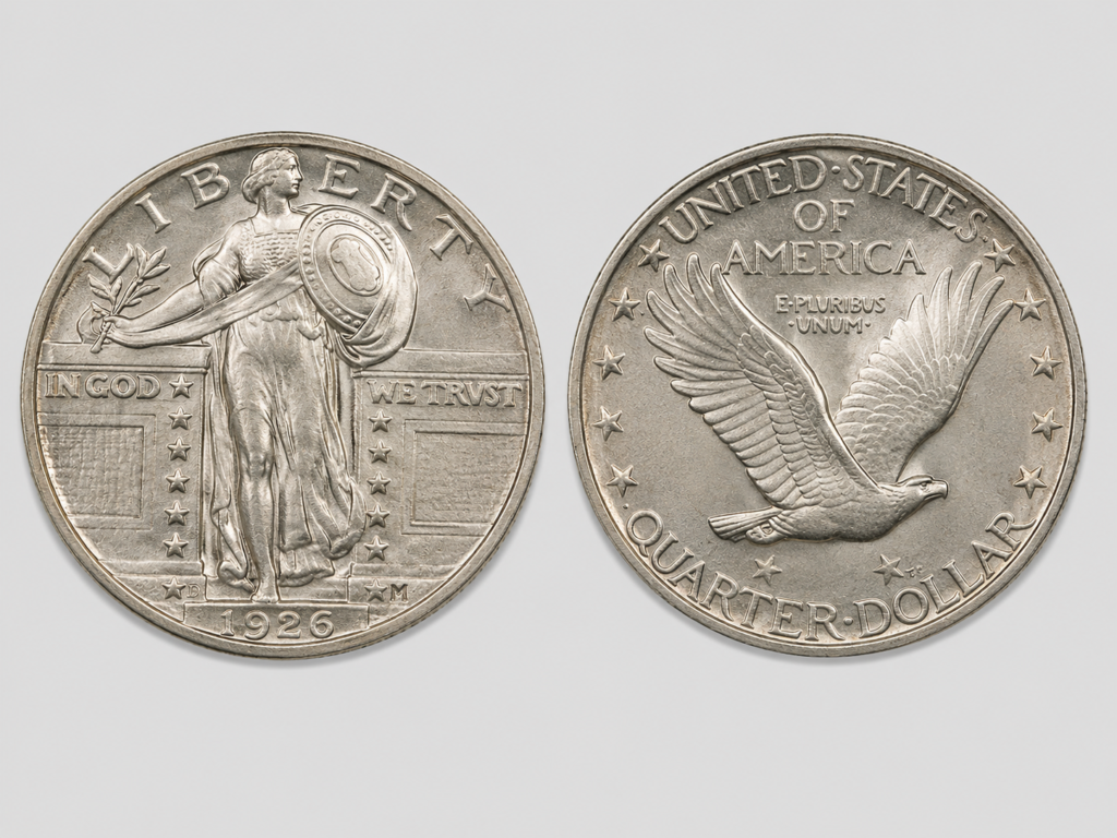 Standing Liberty quarter obverse and reverse showing Liberty holding shield and olive branch, the date on the pedestal, and the eagle in flight on the reverse.