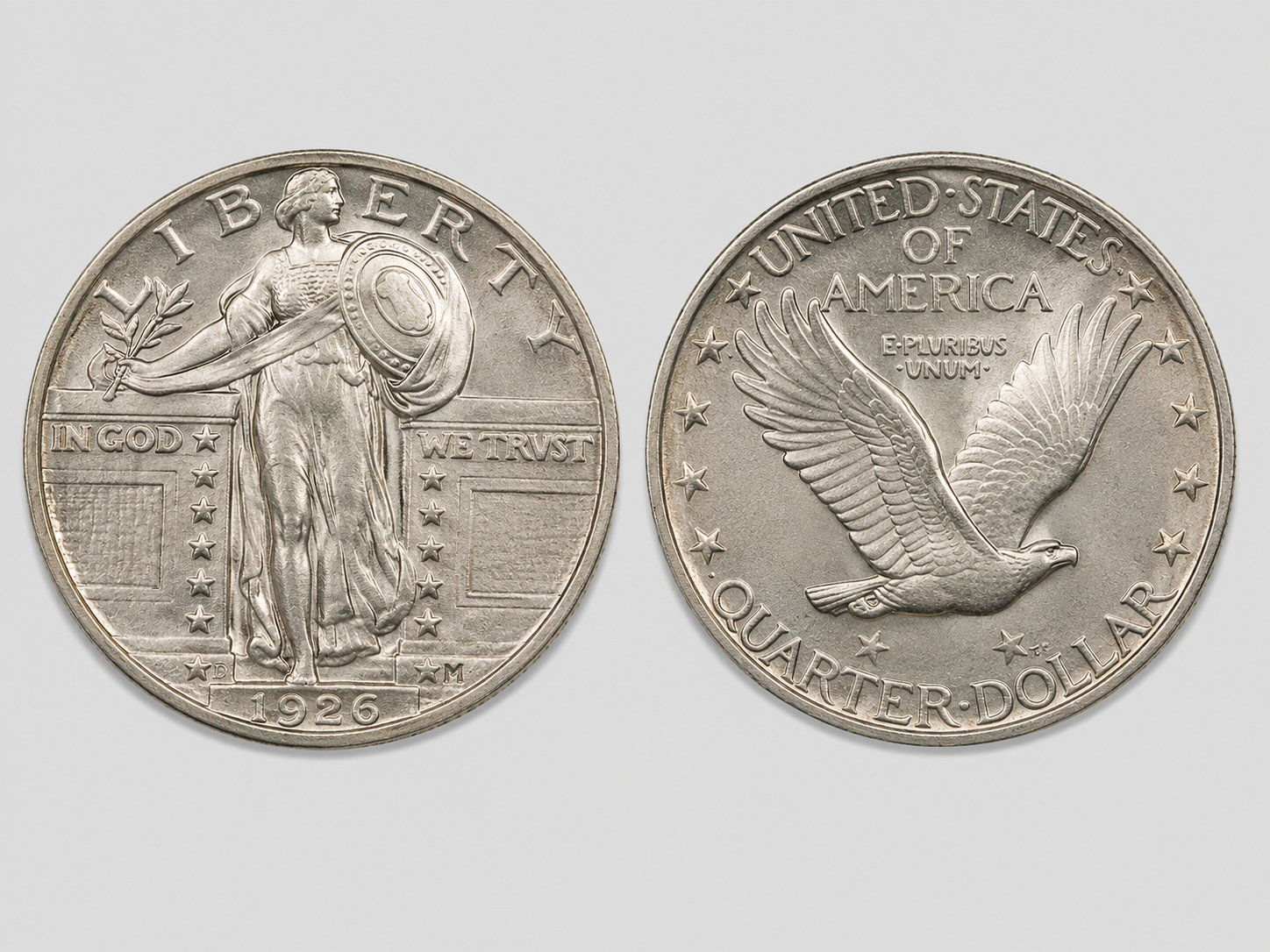 Standing Liberty quarter obverse and reverse showing Liberty holding shield and olive branch, the date on the pedestal, and the eagle in flight on the reverse.