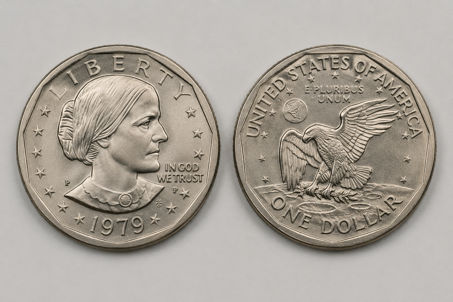 Susan B. Anthony dollar obverse and reverse showing Anthony's right-facing portrait inside an eleven-sided inner border and the Apollo 11 eagle-landing-on-the-moon reverse design.