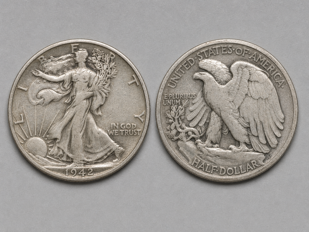 Walking Liberty half dollar obverse and reverse showing Liberty striding toward sunrise and a perched eagle with raised wings.