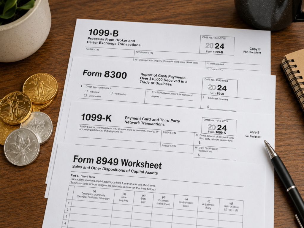 Stacked Forms 1099-B, 8300, and 1099-K on a tax-time desk next to a Form 8949 worksheet and a small stack of coins.