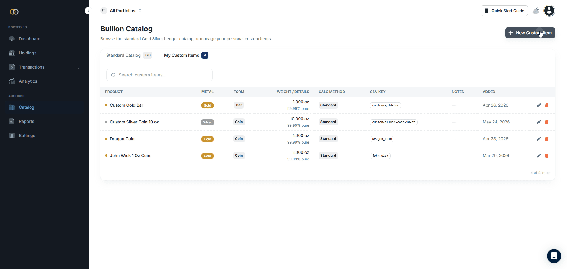 User adding a custom item within Gold Silver Ledger.