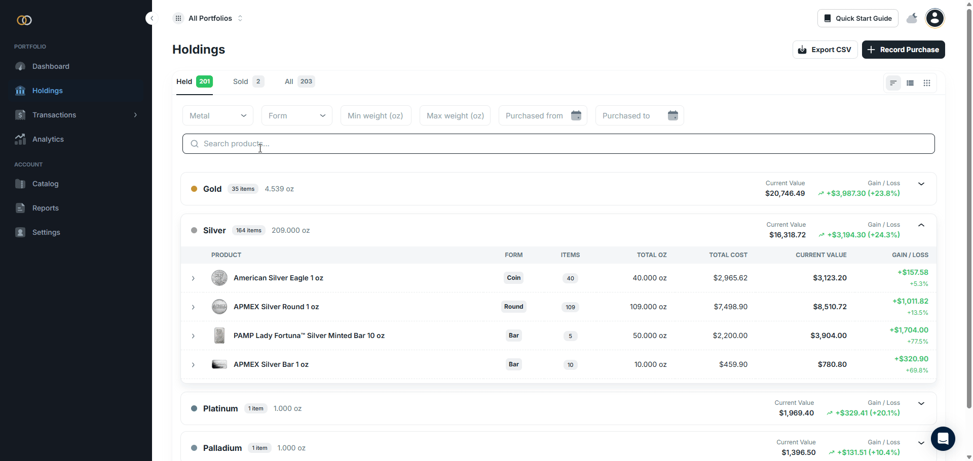The Holdings page of the Gold Silver Ledger app, showing a user entering a search for a specific bullion item