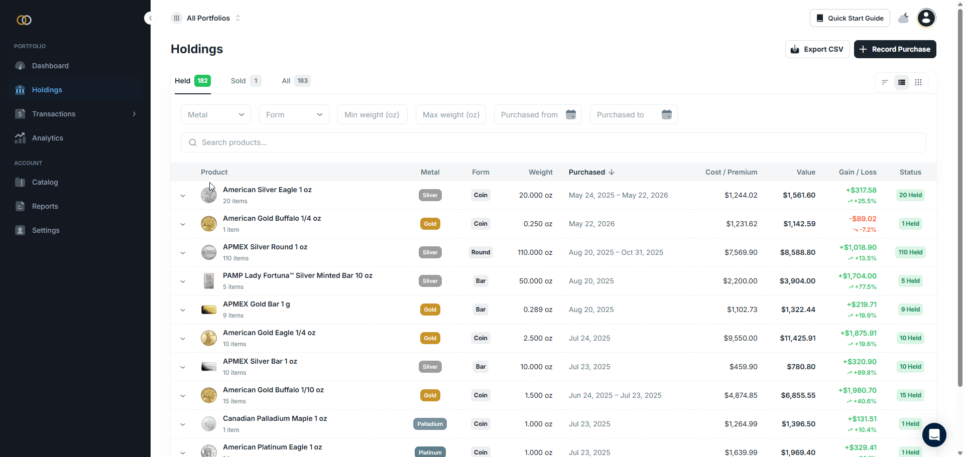 The Holdings page within the Gold Silver Ledger web app.