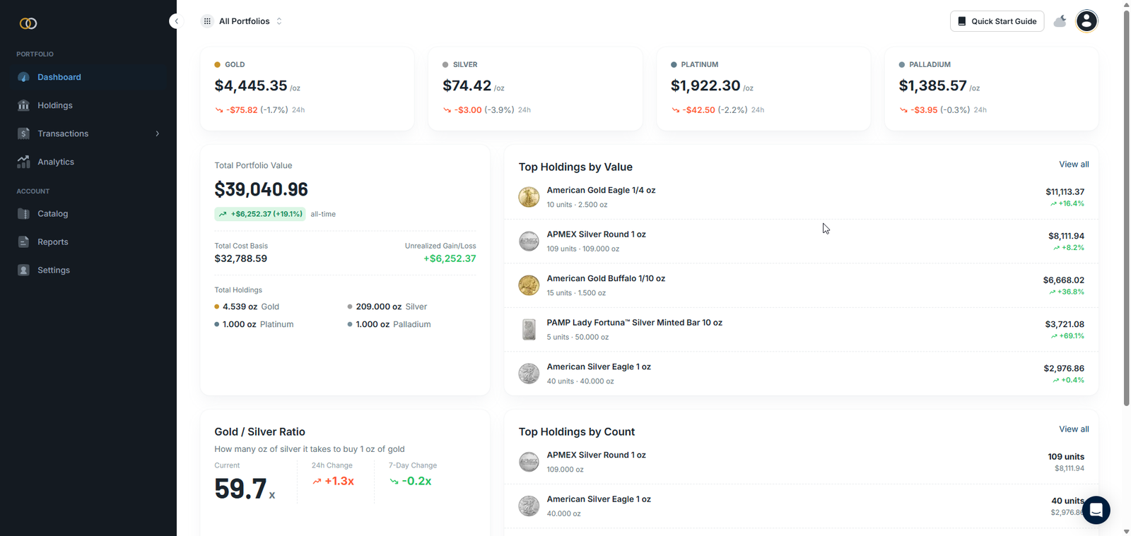 The dashboard page within the Gold Silver Ledger web app.
