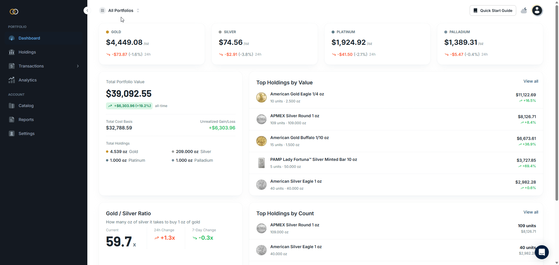 Gold Silver Ledger web app, showing the option to switch between portfolios.
