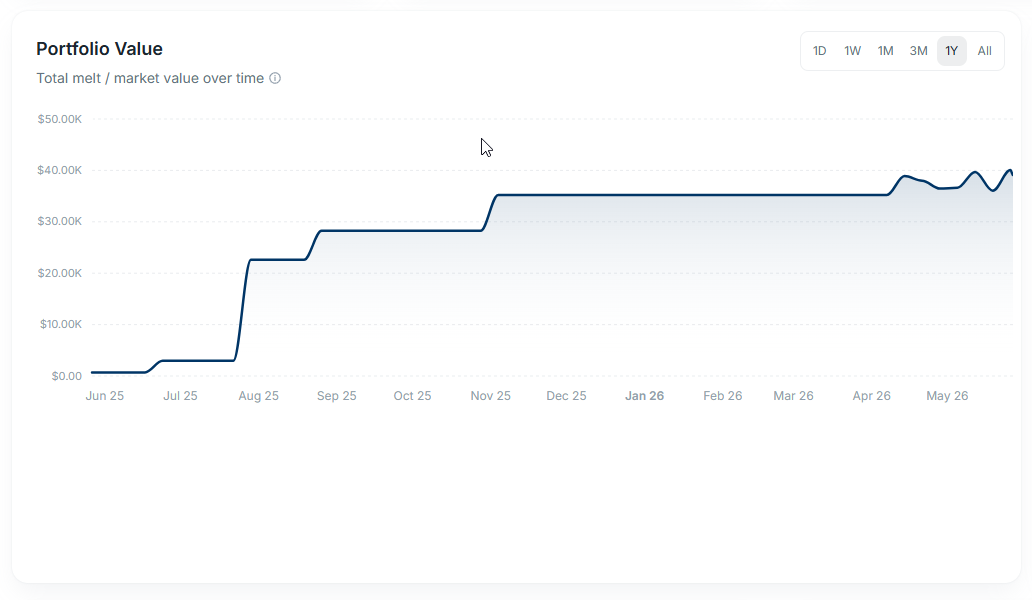 Line chart in the Gold Silver Ledger web app, showing portfolio value over time.