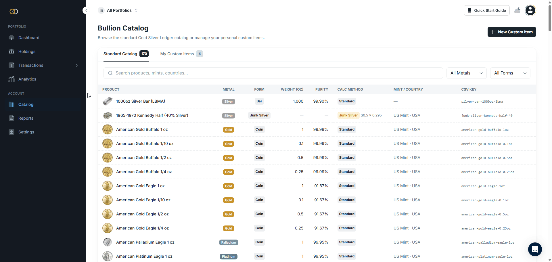 The standard bullion catalog within the Gold Silver Ledger web application.