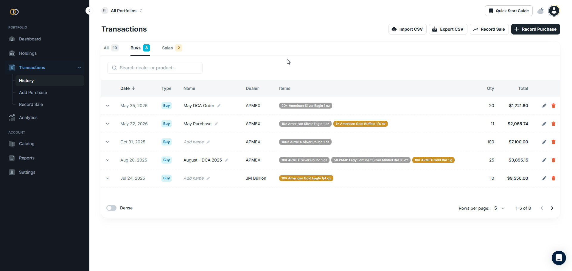 The Transactions History page within the Gold Silver Ledger web app.