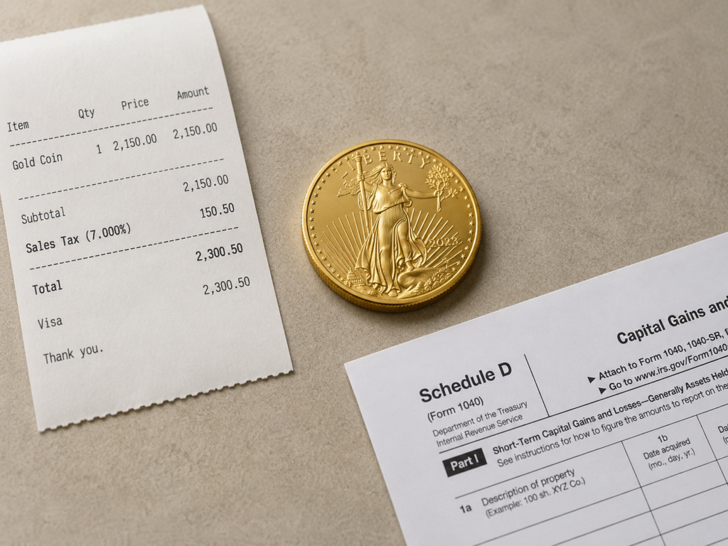 A gold bullion coin beside a store receipt and a Schedule D worksheet, showing sales tax and capital gains