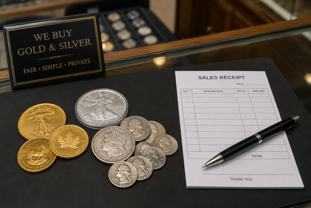 A few gold and silver coins on a coin-shop counter beside a blank sales receipt and pen.