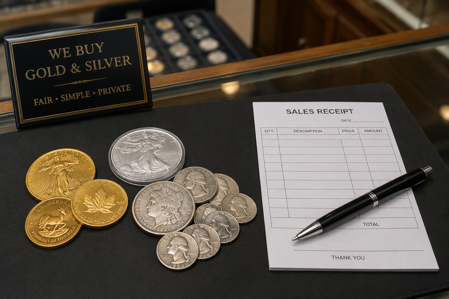 A few gold and silver coins on a coin-shop counter beside a blank sales receipt and pen.