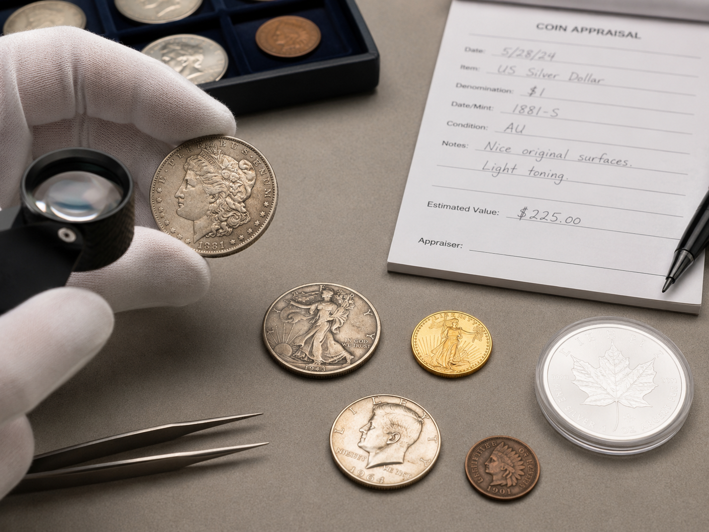 A numismatist examining a coin with a loupe beside a written coin appraisal sheet, illustrating how coins are appraised for value.