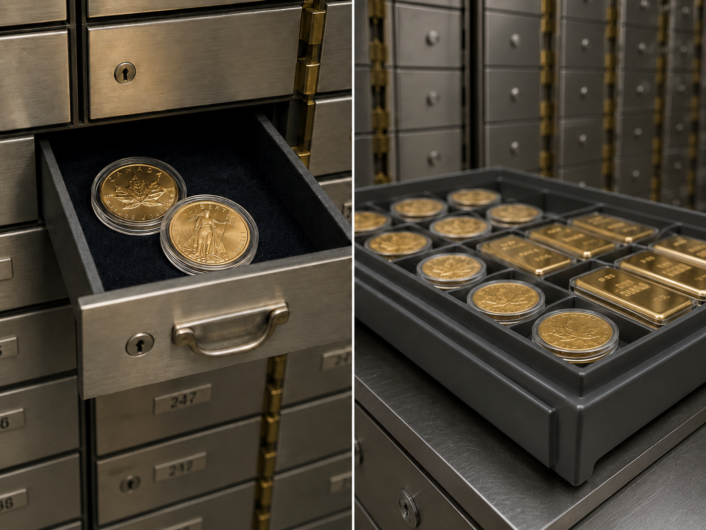 A bank safe deposit box holding gold coins beside a professional depository vault, illustrating the two off-site options for storing gold bullion.