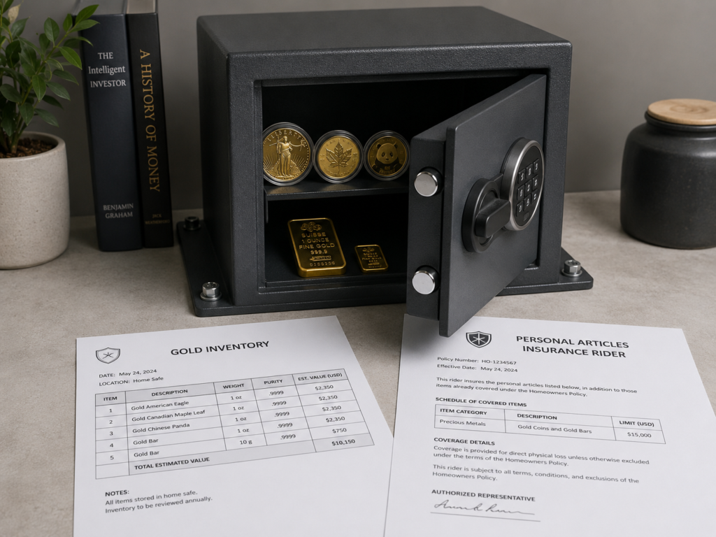 A few gold coins and small bars in a bolted home safe beside a printed inventory sheet and an insurance rider document, illustrating secured and documented home gold storage.