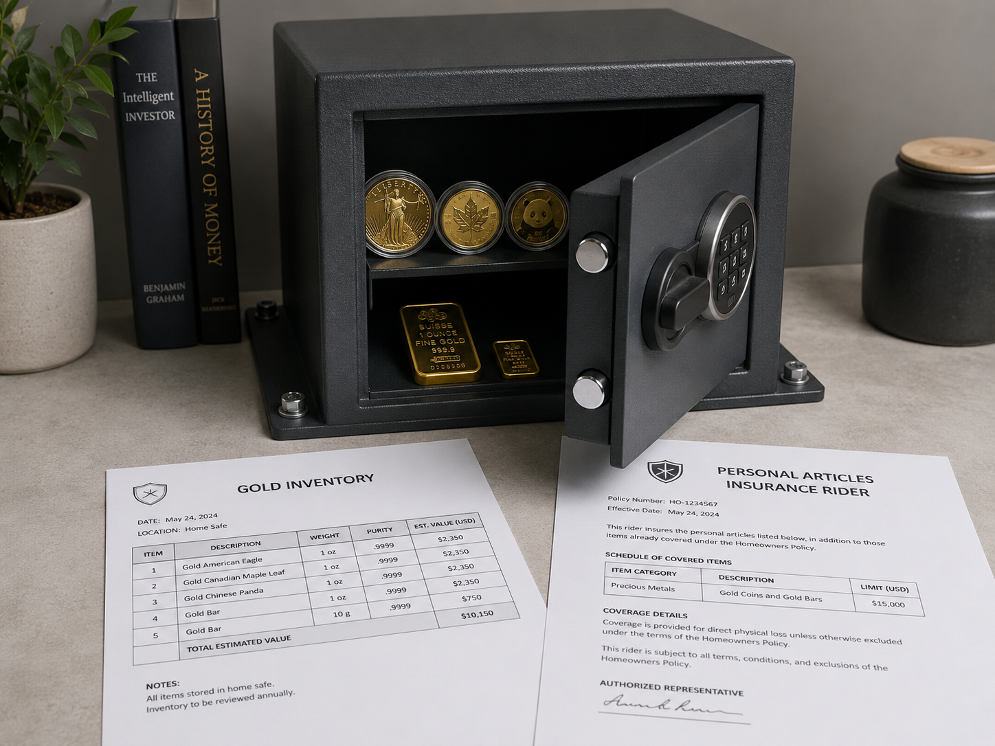 A few gold coins and small bars in a bolted home safe beside a printed inventory sheet and an insurance rider document, illustrating secured and documented home gold storage.