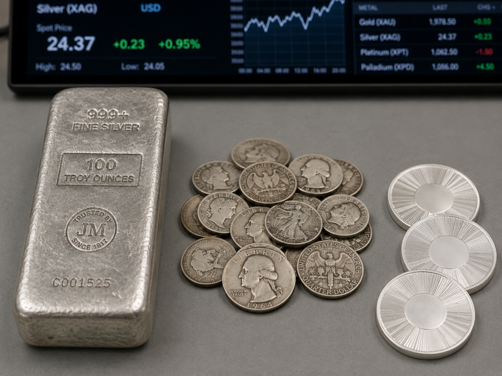 Low-premium formats to buy silver at spot price: a 100 oz silver bar, pre-1965 junk silver coins, and generic silver rounds.