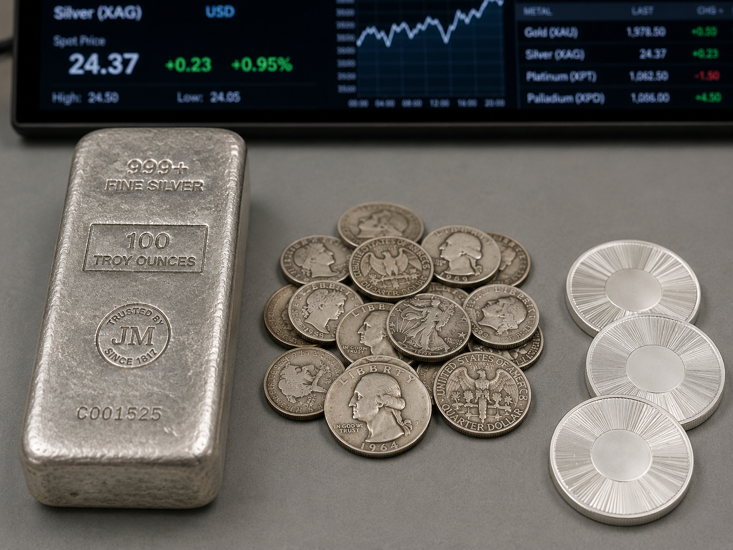 Low-premium formats to buy silver at spot price: a 100 oz silver bar, pre-1965 junk silver coins, and generic silver rounds.