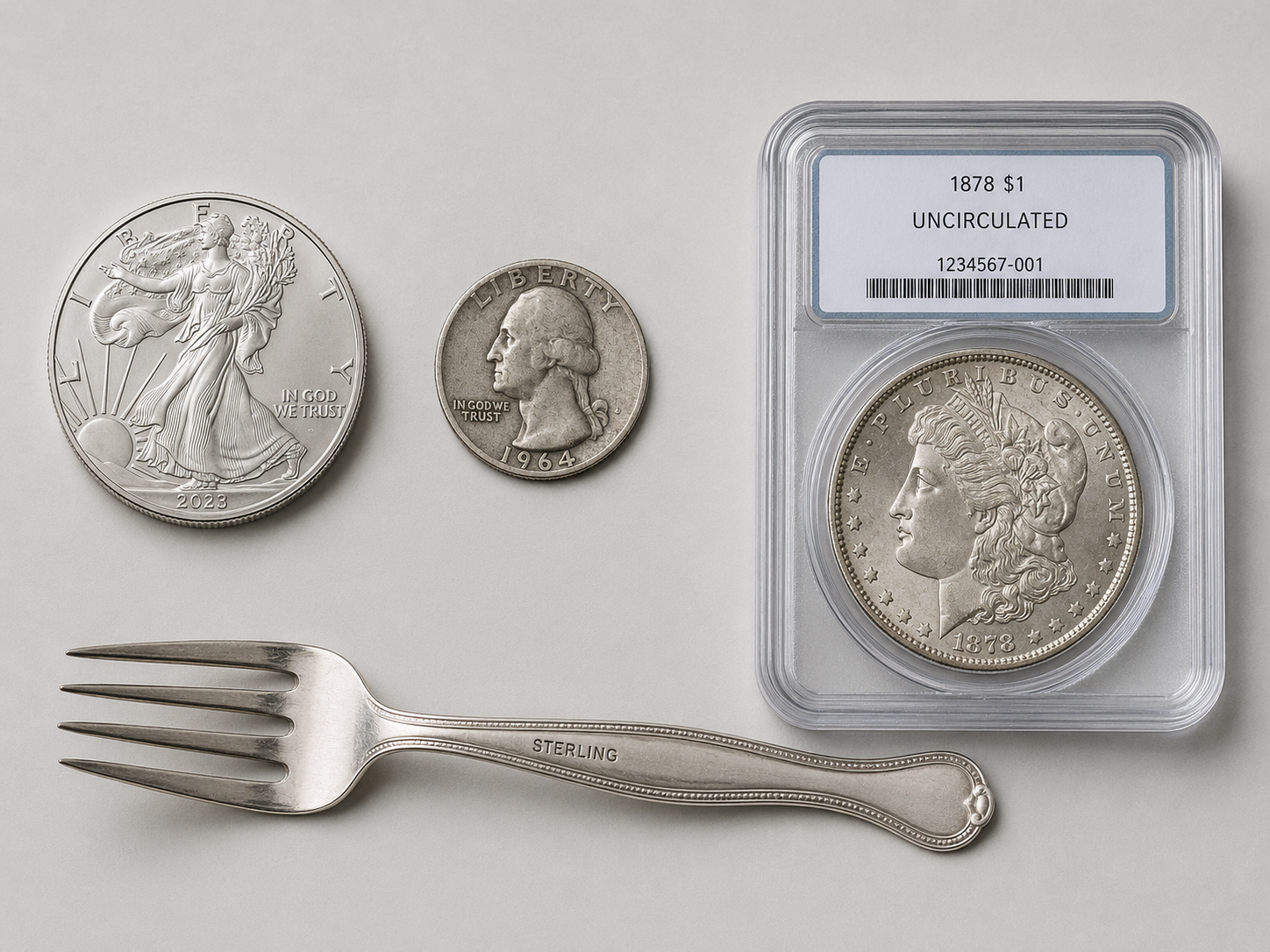 American Silver Eagle, 90% silver quarter, sterling fork, and a slabbed Morgan dollar — the categories a seller sorts silver into before choosing a buyer.