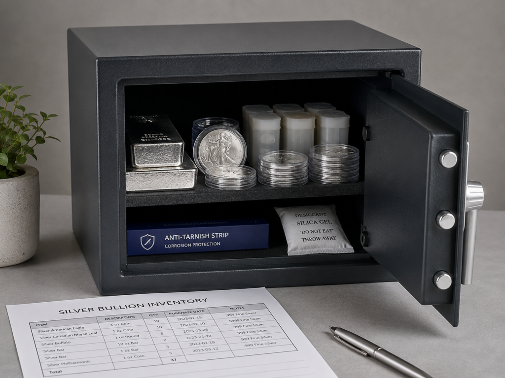 Silver coins in capsules and tubes and silver bars inside a home safe with an anti-tarnish strip and a printed inventory sheet, illustrating organized home silver storage.