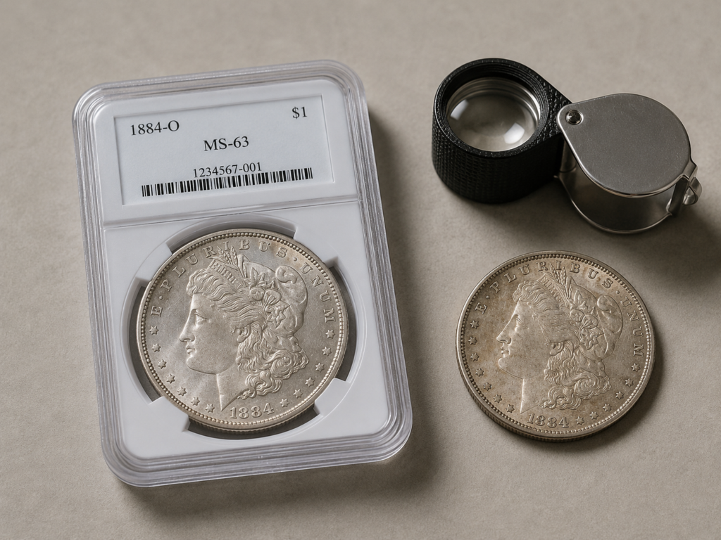A certified coin sealed in a clear grading holder beside a loupe and a loose coin, illustrating third-party coin grading by services like PCGS, NGC, and ANACS.