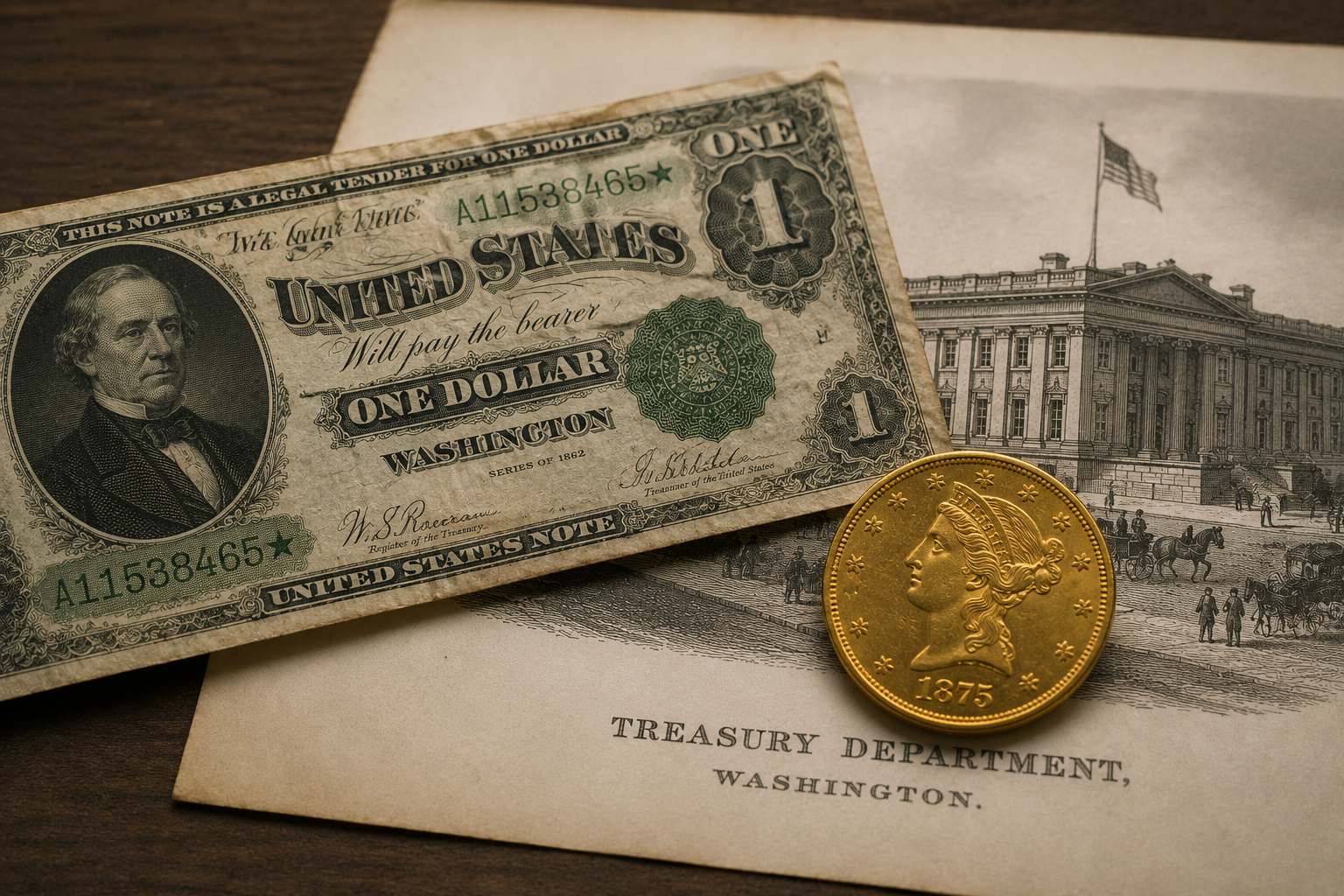 A Civil War-era greenback beside an 1870s U.S. gold coin, illustrating the Specie Payment Resumption Act of 1875 and the return to gold.
